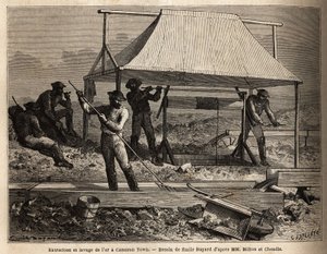 カナダのブリティッシュ・コロンビア州にあるキャメロン・タウンでは、この地域で最も豊富な金鉱床があり、地下から中空の井戸を使って金を採取し、そこから粘土と砂利を混ぜた「ペイテッド・マッド」をバケツに入れて洗浄します。 作： Unknown artist