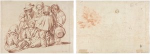 6 人の子供のグループ (直腸)。 村のスケッチ (裏面) 作： Unknown artist