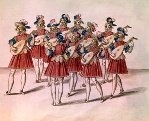 リュートを演奏する音楽家のグループ。ダニエル・ラベル（1578-1637）による水彩画とペン、アルバム「ビセトル城」より 17世紀 パリ、ルーヴル美術館蔵 作： Unknown artist
