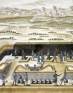 フランソワ・リンジェ著「砲術の研究」（ストラスブール）に掲載されている砲手の作業風景。 作： Unknown artist