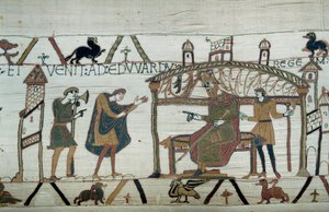 征服王ウィリアム（1027-1087）への使節を終えてイングランドに戻ったハロルドは、エドワード懺悔王に旅の記録を語った。 バイユーのタペストリー」または「マチルド王妃の刺繍」のディテール