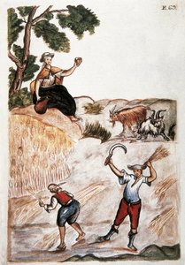 収穫、畑で働くペルーのインディオたち。18世紀のマドリッドの水彩画。パラシオ・レアル図書館 作： Unknown artist