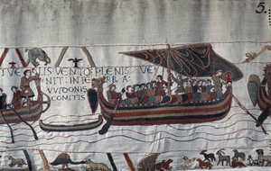 嵐に襲われたハロルド2世（1022〜1066）の船がポンチューの海岸に取り残された - マチルド王妃の刺繍として知られるバイユータペストリー 作： Unknown artist