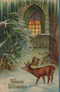 雄鹿と教会の冬をモチーフにした歴史あるクリスマスカード 作： Unknown artist