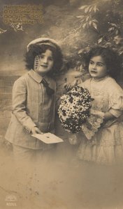 歴史的な名前の日のグリーティング カード、人形衣装の子供たち、キッチュ、ロマンチック 作： Unknown artist