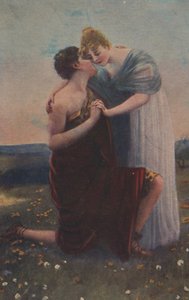 歴史をモチーフにした歴史的なグリーティングカード、中世の女性と戦士 作： Unknown artist