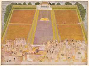 城壁に囲まれた庭園でのホーリー祭と祝賀者たち