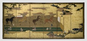 厩舎の馬たち（馬屋図屏風） 作： Unknown artist