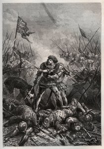 百年戦争：「フィリップ・ル・アルディ」として知られるフランス王ジョン2世善良王とその息子ブルゴーニュ公フィリップ2世（1342-1404）、ポワティエの戦いでイングランドと戦う（1356年9月19日）（フランス王ジョン2世（1319-1364）とその息子フィリップ 作： Unknown artist
