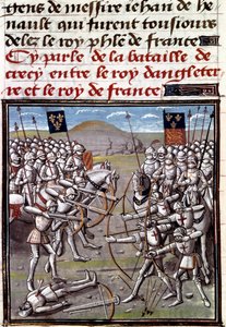 百年戦争：1346年8月26日、フランス軍とイギリス軍の間で行われたクレシーの戦い。ジャン・フロワサール（1337-1400）の年代記からのミニチュア 作： Unknown artist