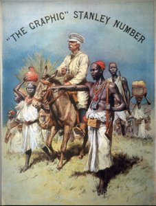 探検家でありジャーナリストでもあるヘンリー・モートン・スタンレー（1841-1904）の遠征中の様子を描いたイラスト。クロモリトグラフィー。 作： Unknown artist