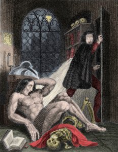 イギリスの作家メアリー・ウォルストンクラフト・シェリー（1797-1851）の『フランケンシュタイン』の挿絵。1831:半分消えた光のきらめきで、私は生き物の鈍い黄色の目が開いているのを見た。息が荒くなり、痙攣のような動きが手足を動かした。 作： Unknown artist