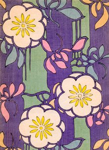 ラベンダーとグリーンの背景に花が咲いているイラスト 作： Unknown artist