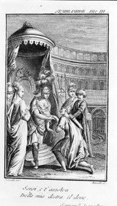 アントニオ・サリエリ（1750〜1825）のオペラ「セミラミス」のイラスト。ピエール・メタスタス（またはピエトロ・メタスタシオ）によるブックレット。第3幕の最後のシーン。 作： Unknown artist