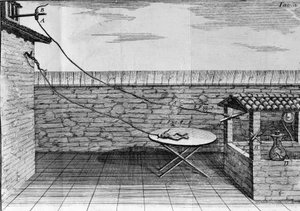 イタリアの物理学者・医師であるルイジ・ガルヴァーニ（1737〜1798）が、カエルの足に電流が流れることを説明した実験の図。 作： Unknown artist