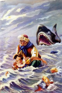 カルロ・コロディによるピノキオの物語のイラスト。巨大な魚に追われるピノキオとゲペット。 作： Unknown artist