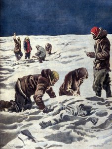 1930年、ホーン博士のノルウェーの科学探検隊は、スウェーデンの探検家ソロモンアンドレの遺体を発見しました。 作： Unknown artist
