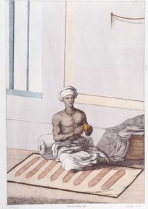 インドの文化・文明・社会：インドの伝統的なパーカッションを持つ音楽家。1808年に描かれた版画。 作： Unknown artist