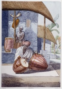 インドの文化・文明・社会：インドの伝統的なパーカッション（Tikora）を持つ音楽家。1808年に描かれたもの。 作： Unknown artist