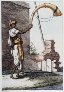 インドの文化・文明・社会：インドの伝統的な管楽器（Sournae）を持つ音楽家。1808年に描かれたもの。