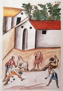 トルヒーヨ司教バルタサル・マルティネス・コンパニオン・イ・ブジャンダ（1782-1785）の著書「Trujillo del Peru」または「Códice Martínez Compañón」より、チョロケのゲームをするインディアンたち。 作： Unknown artist