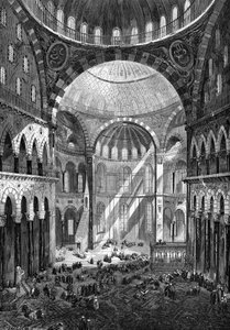 1858年、コンスタンティノープルの聖ソフィア・モスク（アヤソフィア）（6世紀のビザンチン美術）の内観。 作： Unknown artist