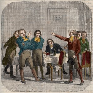 1793年6月28日、パリのパオン通りのカフェで行われたJean-Paul (Jean Paul) Marat (1743-1793)、Maximilien de Robespierre (1758-1794)、Georges Jacques Danton (1759-1794)の3人のインタビュー。Histoire nationale illustree de la France "に掲載された版画。19世紀 作： Unknown artist
