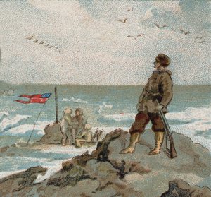 極地の海辺でアメリカ国旗を掲げるアイザック・イスラエル・ヘイズ（1832-1881）。19世紀末のクロモ。 作： Unknown artist