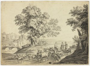 牛、ヤギ、羊を飼う男性と2人の女性のイタリア風風景画 作： Unknown artist