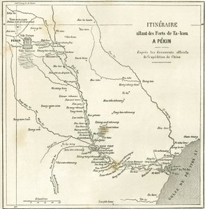 中国のティエン・ツィン（天津）からペキン（北京）までの海河沿いの旅程。カルト、「Le Tour du Monde, Nouveau journal des Voyages」（エドゥアール・シャルトン編）、パリ