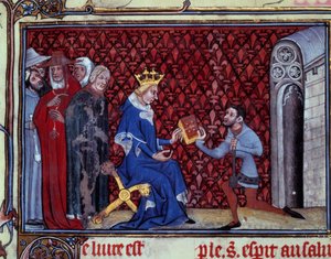 ジャック・ボーシャン、シャルル5世（1338-1380）に自著を献上。 ミニチュアは、サン・カンタンのジャック・ボーシャン（？-1396）による「神の道と聖エリーザベト・フォン・ショナウ（1128-1164）の幻影」からの抜粋で、パリ、B.N. 作： Unknown artist
