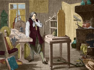 ニューコメン・マシン（1767年）（蒸気機関）の完成を見守るジェームズ・ワット（1896年「科学のアルバム・輝かしい科学者たち・偉大な発見」所収 作： Unknown artist
