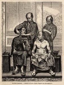 日本人理髪師の店で、一人は髭を剃り、もう一人は素足の男をスタイリングしている。1863年から1864年にかけてスイス連邦公使アイム・アンベールが行った日本への航海を描いたもので、"Le tour du monde, nouveau journal des voyages" pu 作： Unknown artist