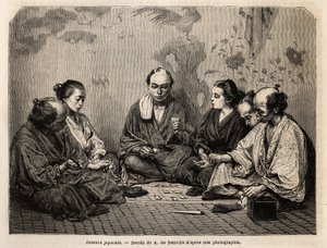 トランプの最中の日本人プレイヤー。1863年から1864年にかけて、スイス連邦公使のアイム・アンベールが、エドゥアール・シャルトンの指導の下、「Le tour du monde, nouveau journal des voyages」に掲載した旅行記、日本を説明するためのエングレーヴィング。 作： Unknown artist