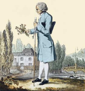 Jean-Jacques Rousseau (1712-78) Gathering Herbs at Ermenonville, June 1778 - 哲学者Jean Jacques Rousseau (1712-1778)がエルメノンヴィルで花を摘んでいる様子を表したもの。 作： Unknown artist