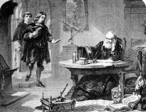 ジョン・ミルトン（イギリスの詩人・エッセイスト）（1608 - 1674）は、ガリレオ・ガリレイ（Galileo）（1564 - 1642）をフィレンツェの異端審問所の独房に訪ねた。エングレーヴィング。1860年頃 作： Unknown artist