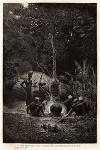 パマレの領地の森の中で料理するカナク族。鉱山の土木技師ジュール・ガルニエが1863年から1866年にかけてヌーベルカレドニアへの航海を描いたもので、Edouard C.編集の「Le tour du monde, nouveau journal des voyages」に掲載されています。
