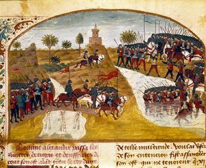 アレクサンダー大王（紀元前356～323年）とその軍勢がタイガーとミニチュア・ユーフラテスを通過する様子。"Book of Facts of Alexander the Great" by Quintus Curtius Rufus (Quinte Curce) (1st century) 1468年頃の作品。(Ms 1335) Reims.ランス市立図書館 作： Unknown artist