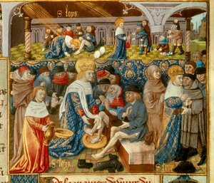 国王ルイ9世（1214-1270）（サン・ルイ）が貧しい人の足を洗う場面や、国王によるキリスト教の慈善活動の場面 15世紀の写本「モンシニョール・サン・ルイの事実の書」から取られたミニチュア。パリ、B.N 作： Unknown artist