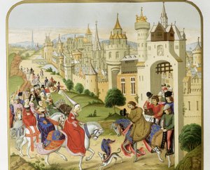 ""フランス王シャルル4世は、エドワード2世の妻である妹のイングランド女王イザベラ（1292-1358）の訪問を受け、避難してきた "" ジャン・フロワサールの年代記による。19世紀のバルセロナ。サン・ジョルディ・カタルーニャ・ロイヤル 作： Unknown artist