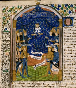 フランス王シャルル7世（1403-1461）とその宮廷。右側の写真オルレアンのバサールとして知られるジャン・ドルレアンまたはジャン・コント・ド・デュノア（1402-1468）、ピエール・ド・ブレイズ（1465年没）、ジョーン・オブ・アーク（1412-1431）。左：ブルターニュのアーサー3世、リシュモン伯爵（1