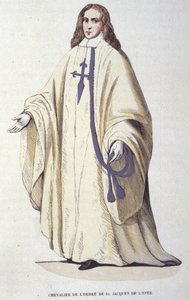 1170年にスペインで創設された軍事騎士団「剣の聖ヤコブ騎士団」の騎士。19世紀のエングレーヴィング。 作： Unknown artist