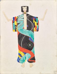 1909年、ウィーン国際美術展の庭園劇場で上演されたユリウス・ビットナーの「愛のマントル」のための、ズボンの着物を着たコスチューム・スタディ。 作： Unknown artist