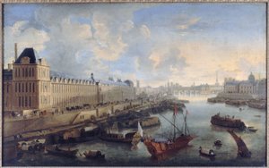 ルーヴル大ギャラリー、ポン＝ヌフ、シテ、四大ナシオンのコレージュ、1670年頃、セーヌ川、王室のガレー船、現在の1区と6区、1670年から1685年の間（油彩・カンヴァス） 作： Unknown artist