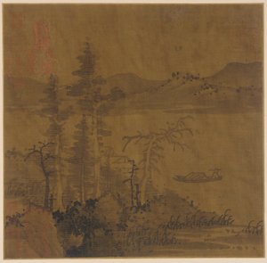 風景: 川と船、背の高い木々と遠くの丘 作： Unknown artist