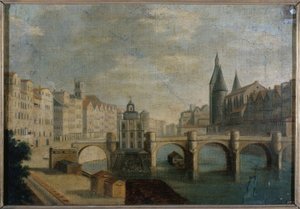 1800年頃、現在の1区、1795年から1805年の間に描かれた「ポン＝ヌフの大仏とサマリテーヌの丘」（油彩・カンヴァス、1800年頃） 作： Unknown artist