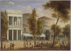 モンマルトル大通りのヴァリエテ劇場とパノラマ通り、1825年頃、カードに油彩 作： Unknown artist