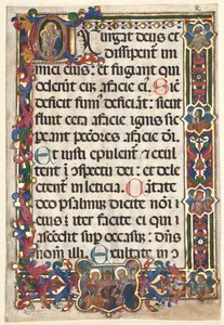 メダリオン (Annunciation、SS. Jerome、Clare、Sebastian、Bernardino) とヒストリエーテッド イニシャル (E): 聖母子 作： Unknown artist