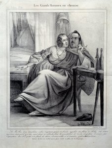 Les grands hommes en chemise 作家Honore de Balzac（1799-1850）がタバコを吸いながら若い女性を盛り上げている様子を表現したもの。E.アレット（19世紀）のイラスト パリ、メゾン・バルザック