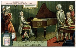 リービッヒ・クロモリトグラフィー。ヴォルフガング・アマデウス・モーツァルト（1756/1791）の前で演奏するルートヴィヒ・ヴァン・ベートーヴェン（1770/1827）。1787年当時の写真。